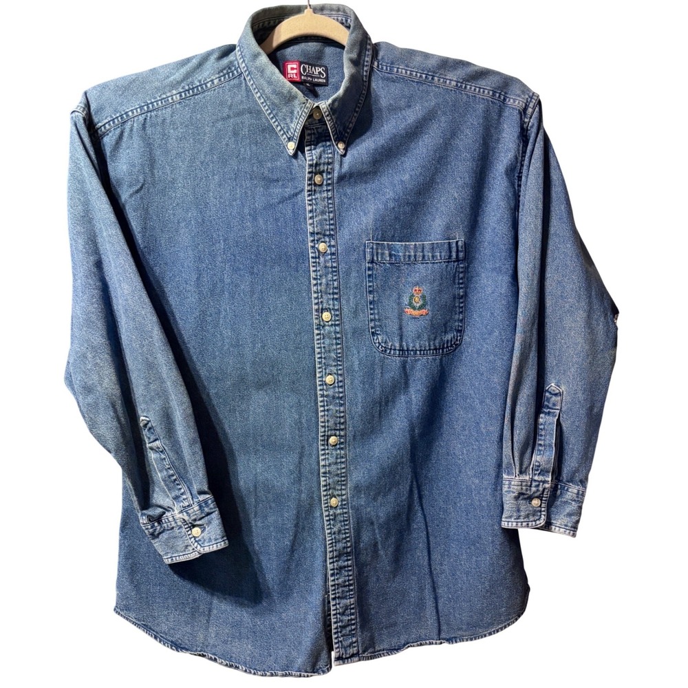 Chaps Ralph Lauren Denim Shirt Mens XL Blue Excellent Embroidered Crest Logo